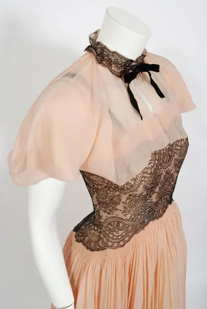 1940's French Couture Pink Silk-Chiffon & Black Lace Scalloped Gown & Capelet