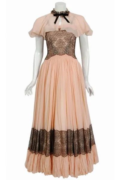 1940's French Couture Pink Silk-Chiffon & Black Lace Scalloped Gown & Capelet