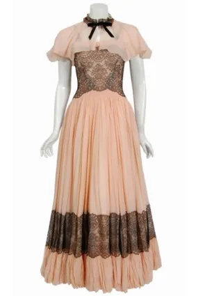 1940's French Couture Pink Silk-Chiffon & Black Lace Scalloped Gown & Capelet