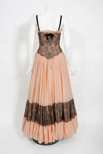 1940's French Couture Pink Silk-Chiffon & Black Lace Scalloped Gown & Capelet