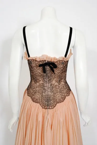 1940's French Couture Pink Silk-Chiffon & Black Lace Scalloped Gown & Capelet