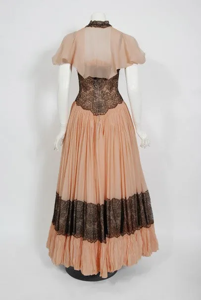 1940's French Couture Pink Silk-Chiffon & Black Lace Scalloped Gown & Capelet