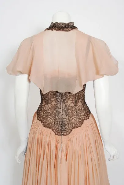 1940's French Couture Pink Silk-Chiffon & Black Lace Scalloped Gown & Capelet