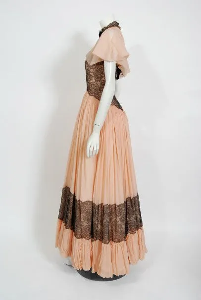 1940's French Couture Pink Silk-Chiffon & Black Lace Scalloped Gown & Capelet