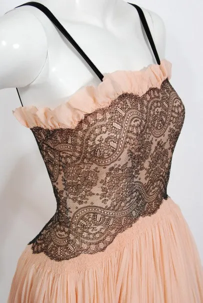 1940's French Couture Pink Silk-Chiffon & Black Lace Scalloped Gown & Capelet