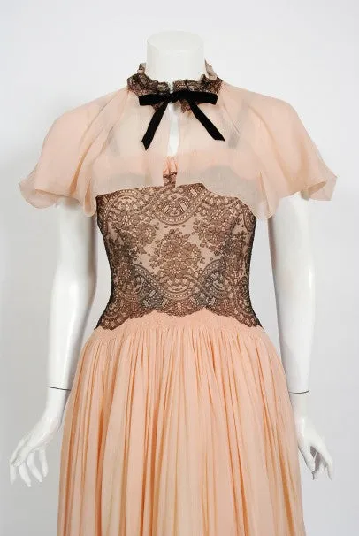 1940's French Couture Pink Silk-Chiffon & Black Lace Scalloped Gown & Capelet