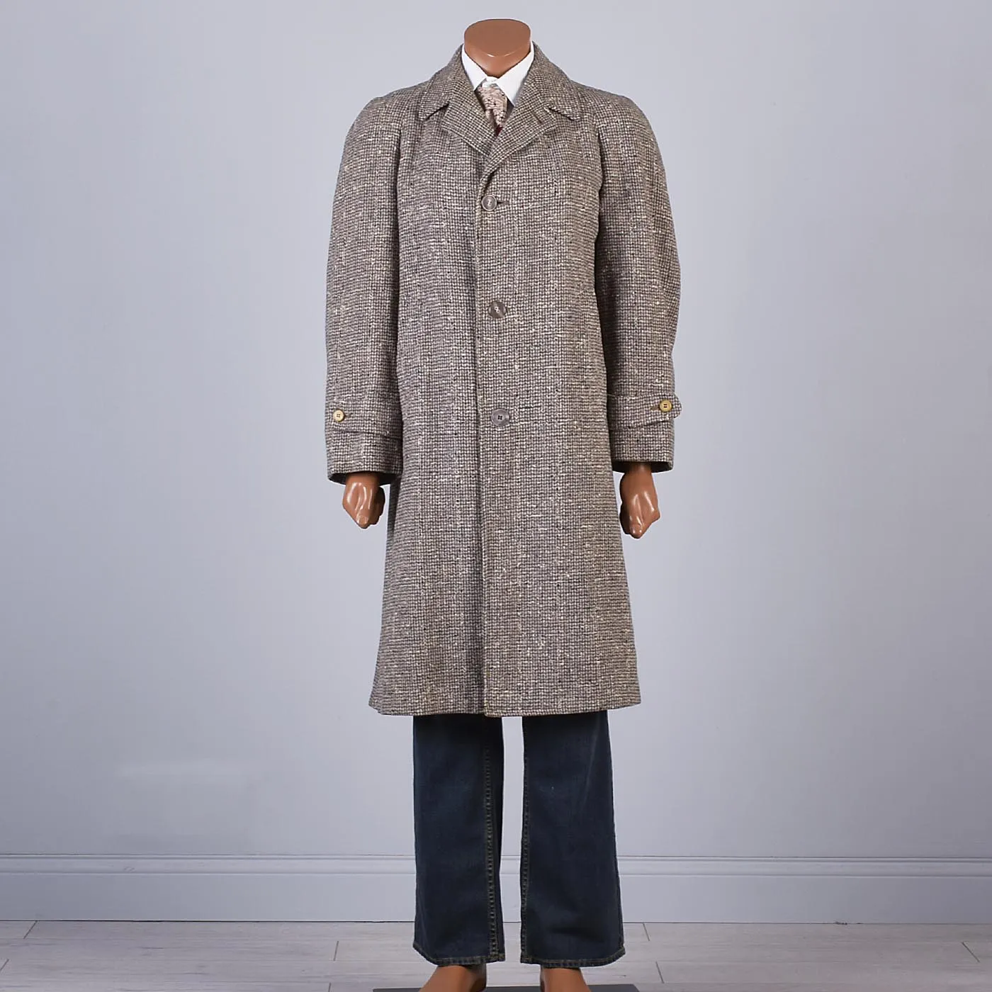 1950s Mens Chunky Wool Tweed Coat with Windowpane Fleck