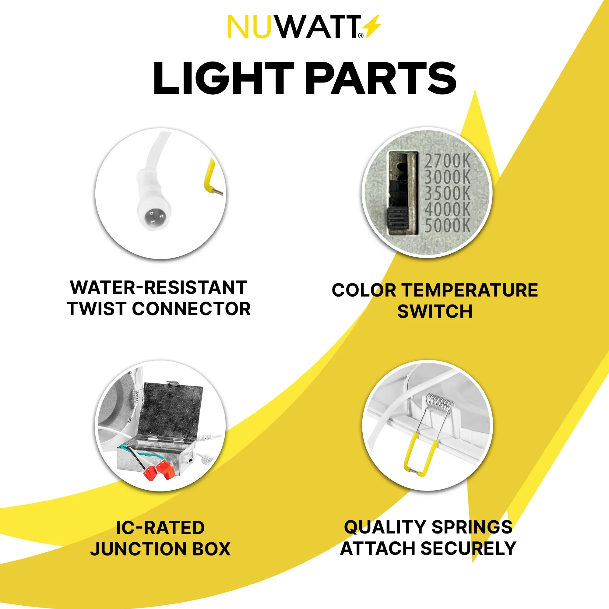 6" Inch Square Canless Recessed Lighting Slim LED Wafer Lights - Wet Rated - 5CCT 2700K-5000K - 1050LM