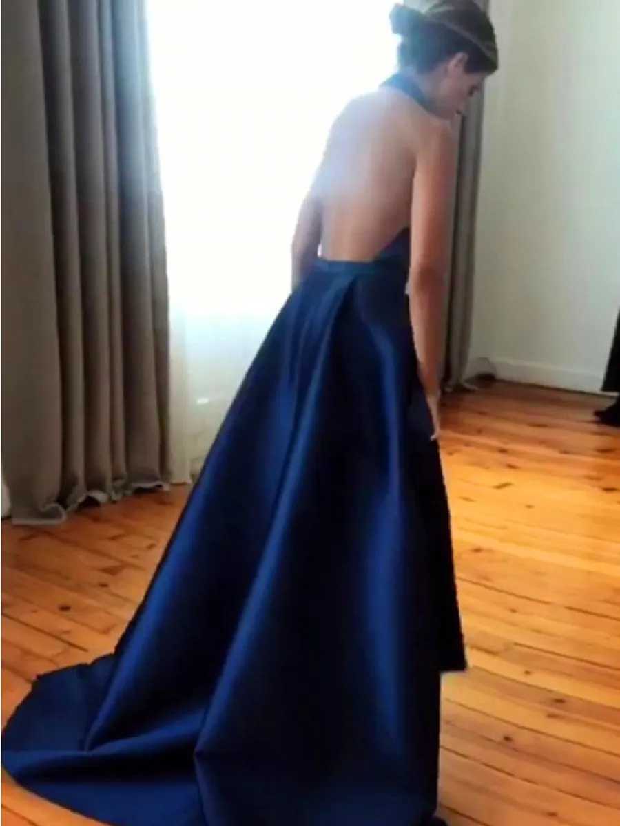 A Line Halter V Neck Backless Royal Blue Prom Dresses with High Slit, V Neck Royal Blue Formal Dresses, Royal Blue Backless Evening Dresses