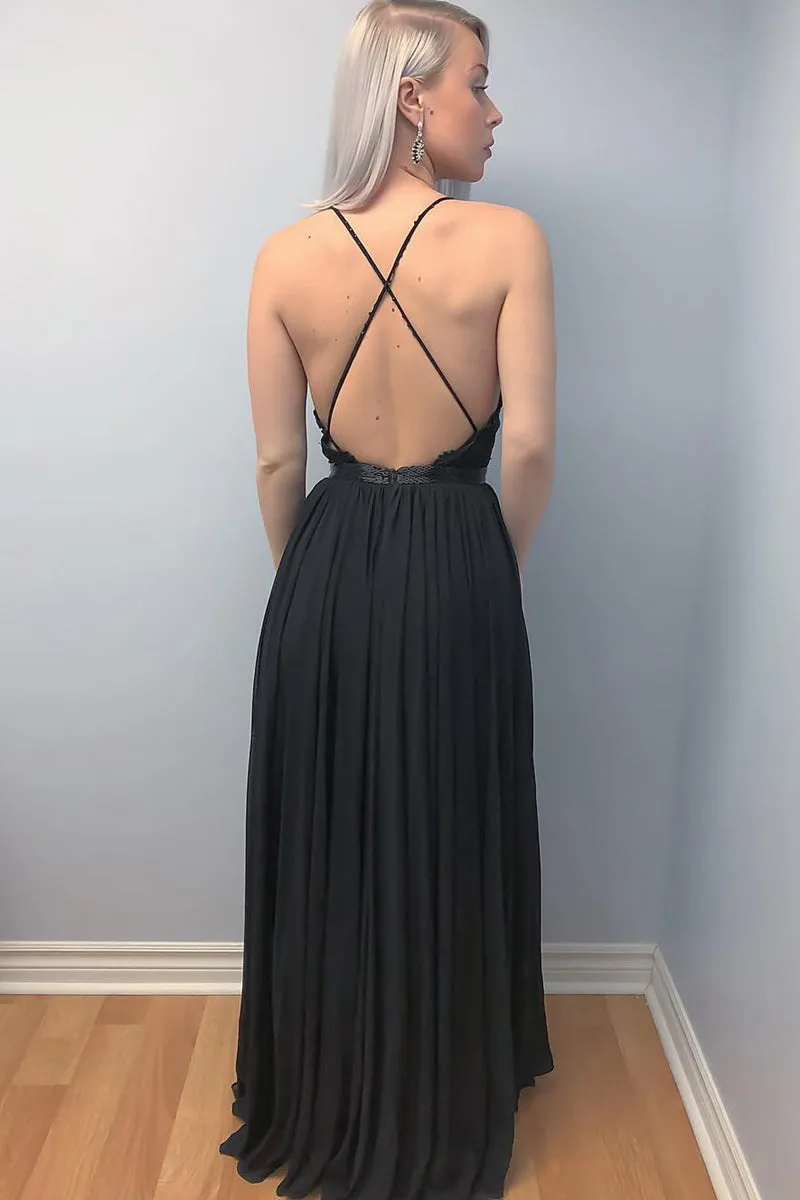 A Line V Neck Backless Lace Black Long Prom Dress with Leg Slit, Black Backless Lace Formal Dress, Black Lace Evening Dress