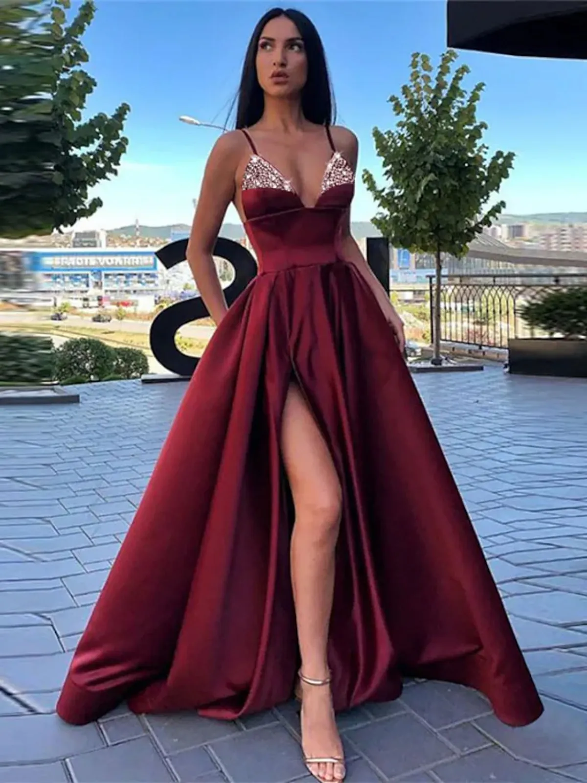 A Line V Neck Blue/Black/Red/Burgundy Satin Long Prom Dresses with Sequins, Long Blue/Black/Red/Burgundy Formal Evening Dresses with High Slit SP2463