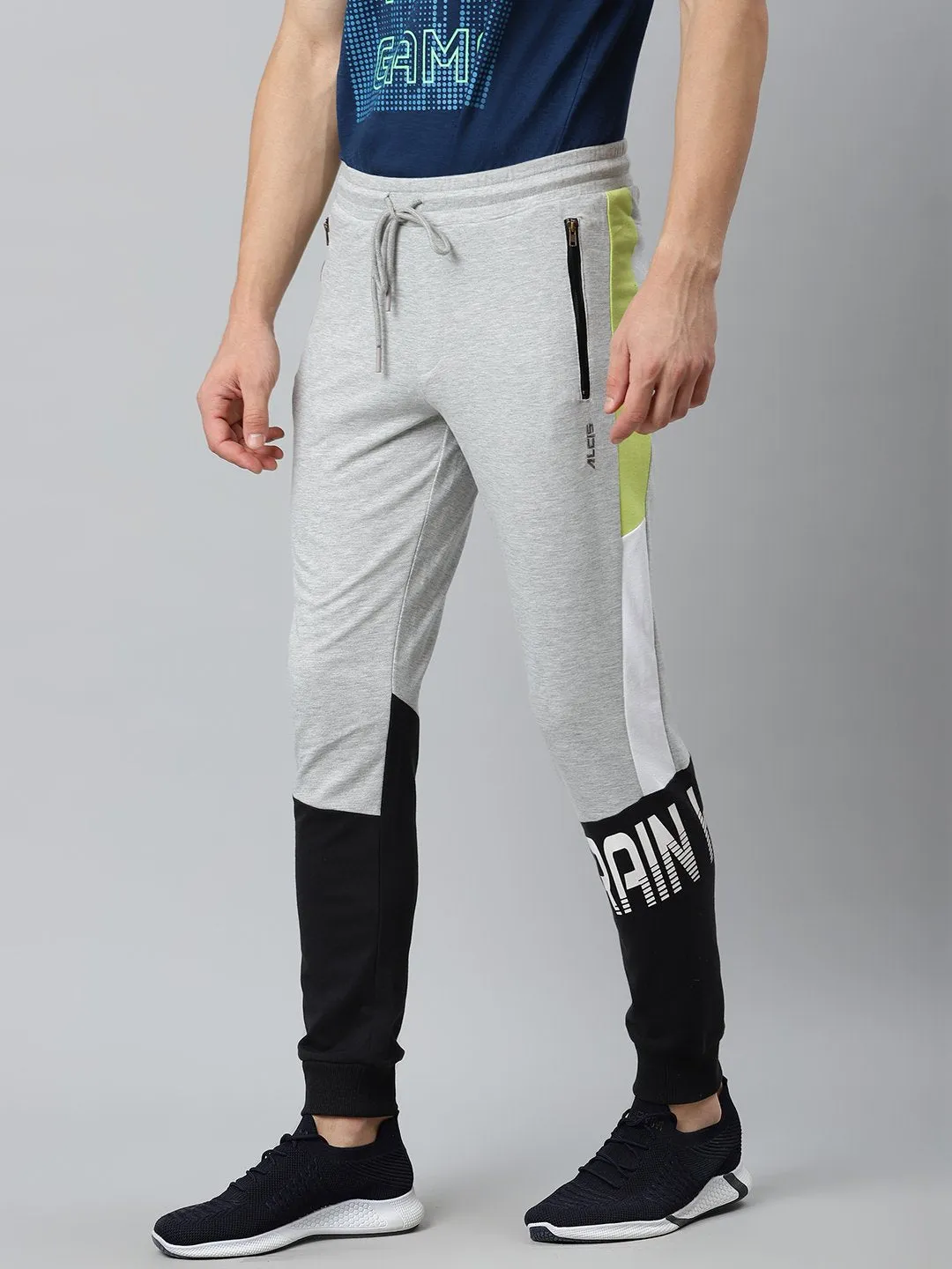 Alcis Men Grey Melange Black Colourblocked Slim Fit Joggers