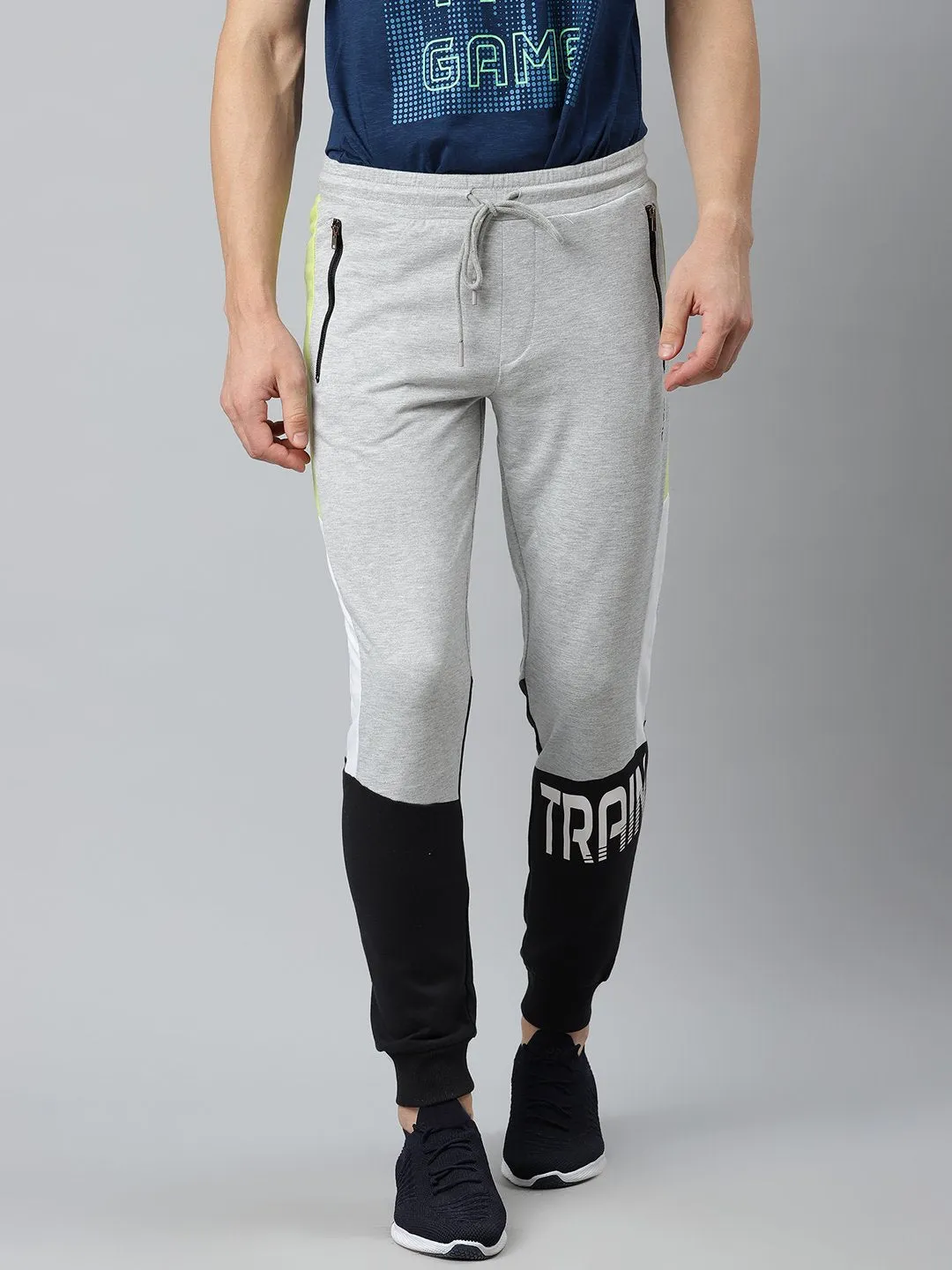 Alcis Men Grey Melange Black Colourblocked Slim Fit Joggers