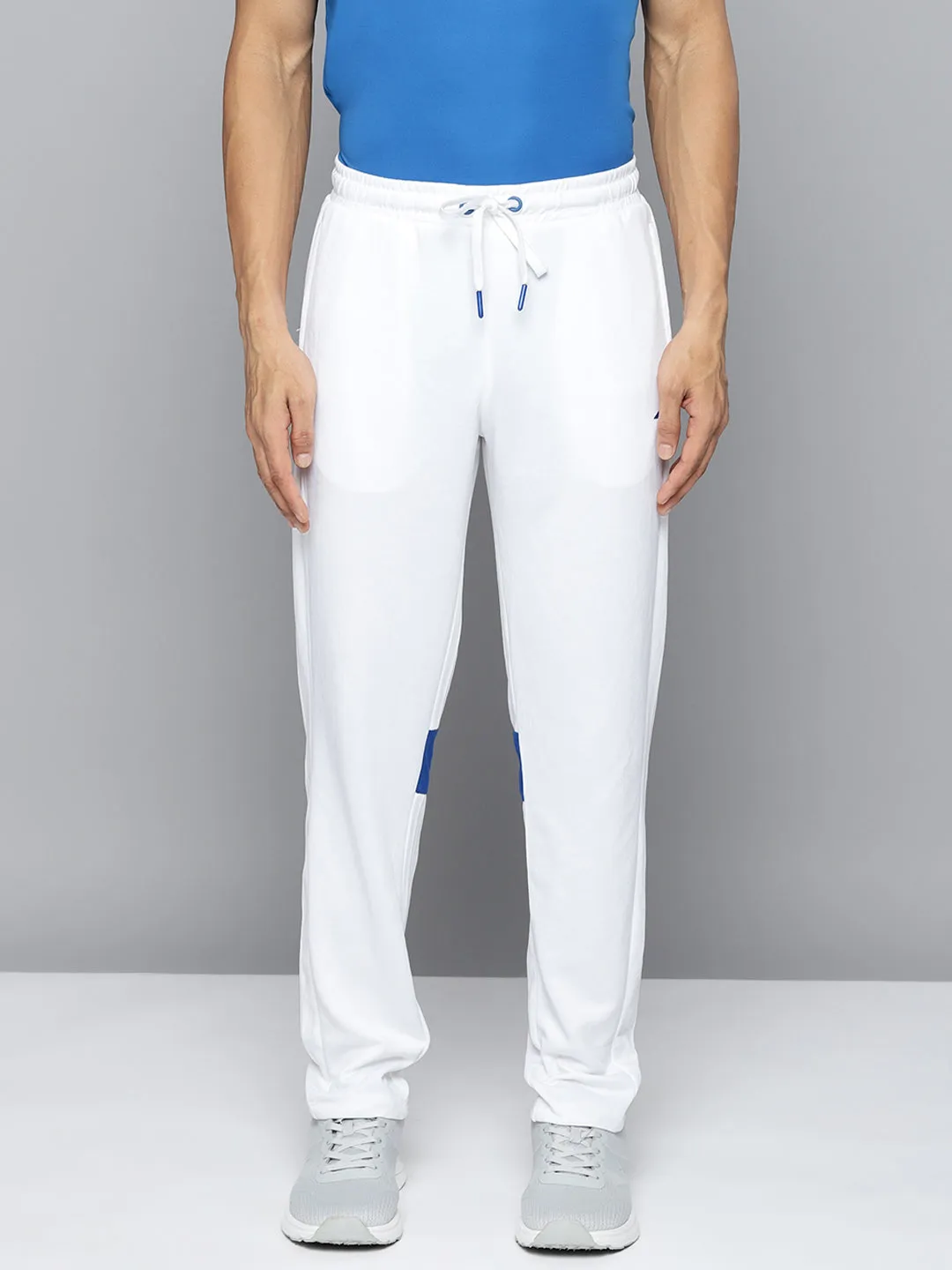 Alcis Men White Blue Solid Slim-Fit Training Track Pants with Side Taping Detail