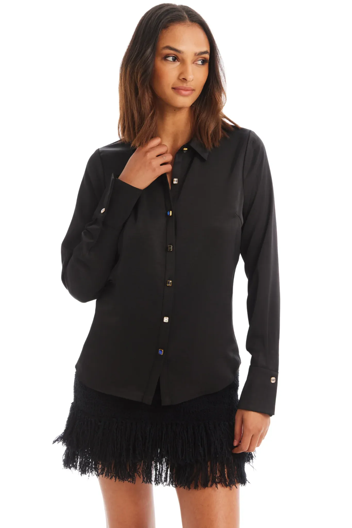 ALL Rhinestone Black Button Down Top