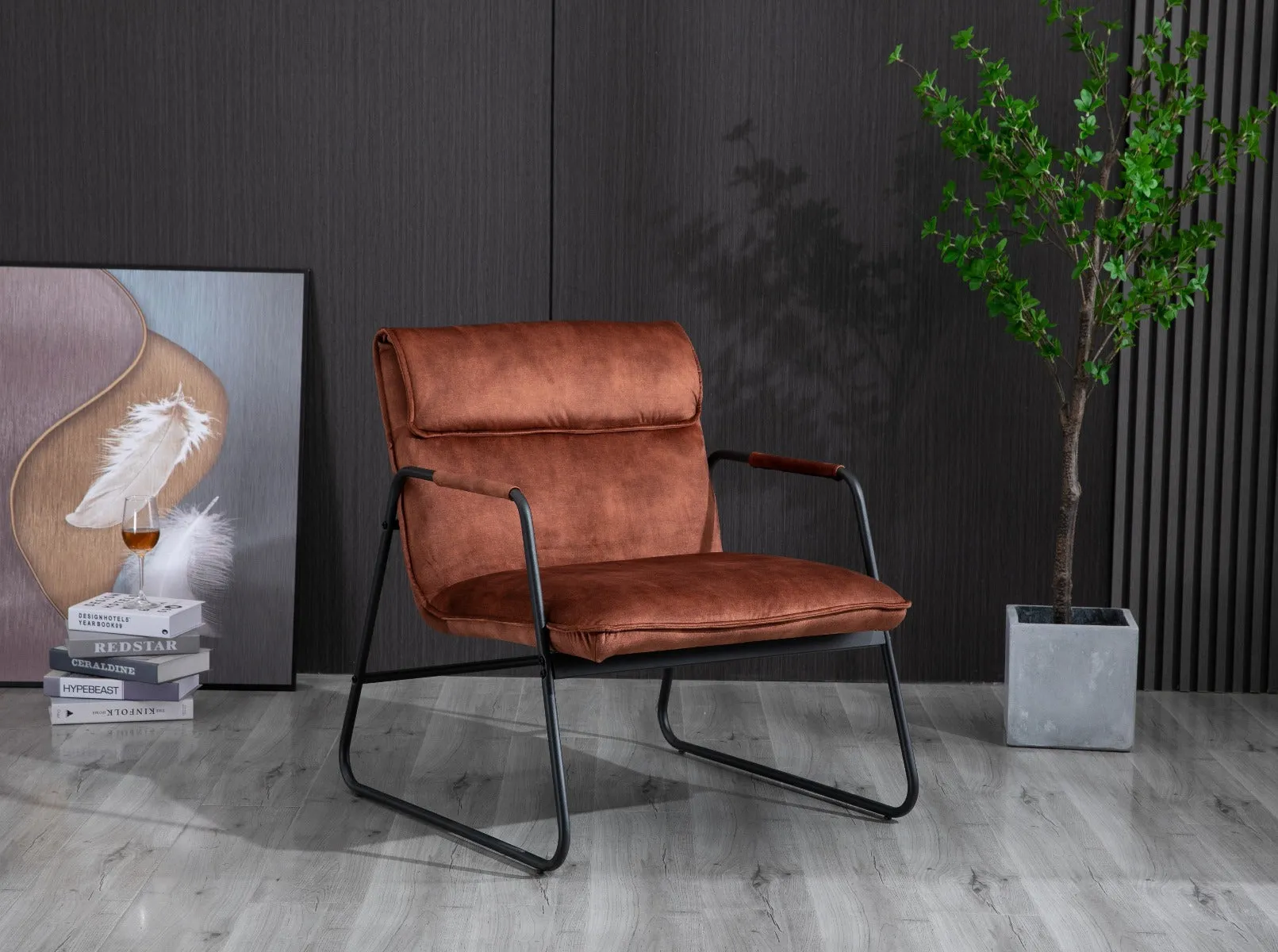 Amber Brown Polyester Upholstered Armchair Lounge Chair with Sled Base