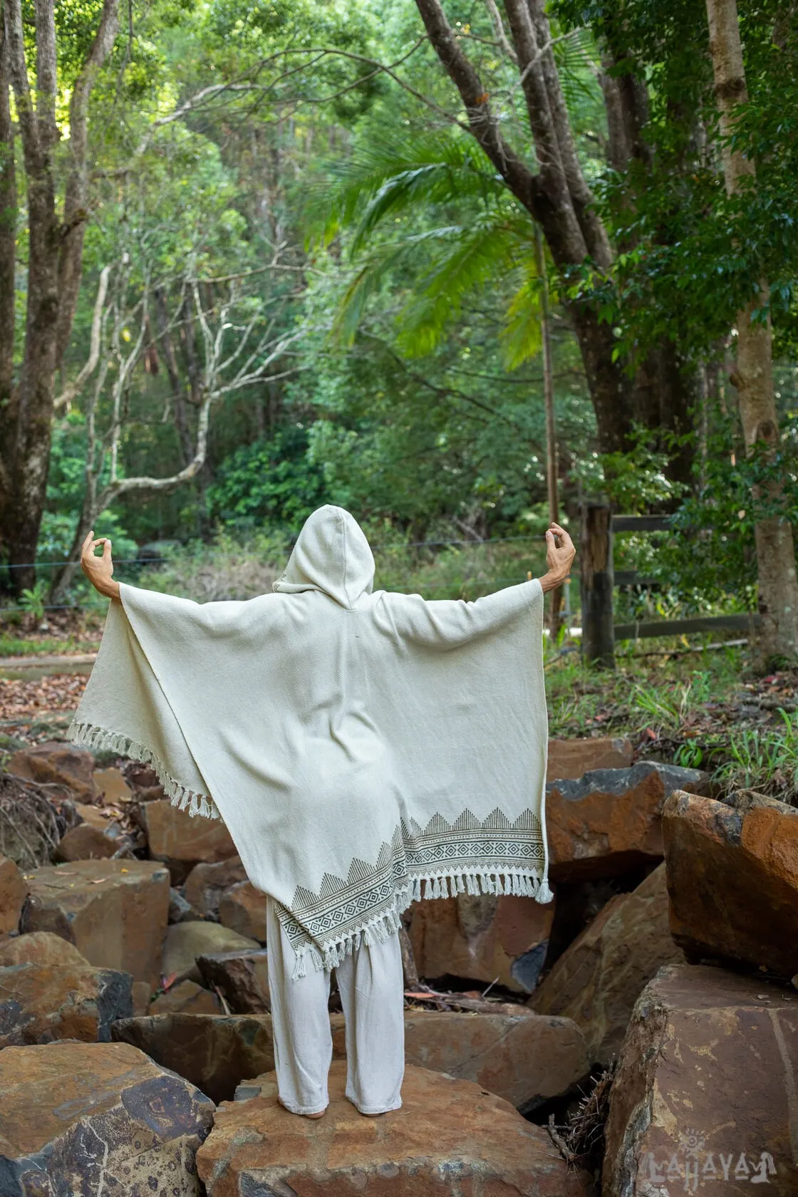 ANAGAMI Beige Cream Hooded Kimono Cape Poncho Robe Block Printed Natural Dyed Ceremony Ritual Shaman Tribal Alchemy Sacred Shawl Wrap AJJAYA