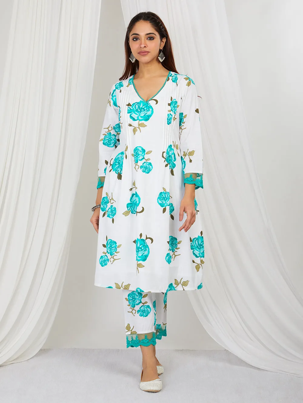 Aqua Blue White Hand Block Printed Cotton Suit - Set of 3