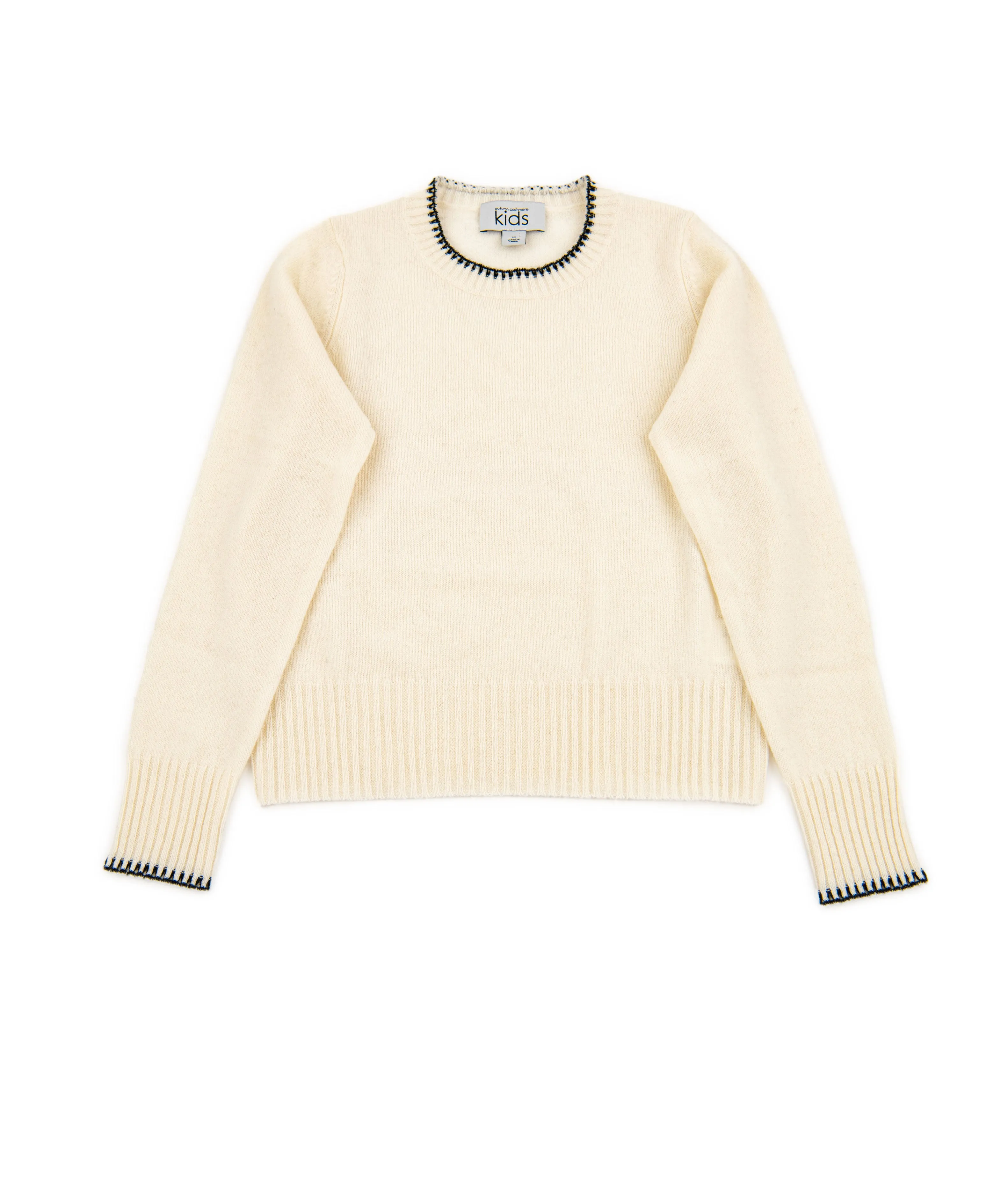 Autumn Cashmere Girls Ivory/Black Trim Crew Sweater