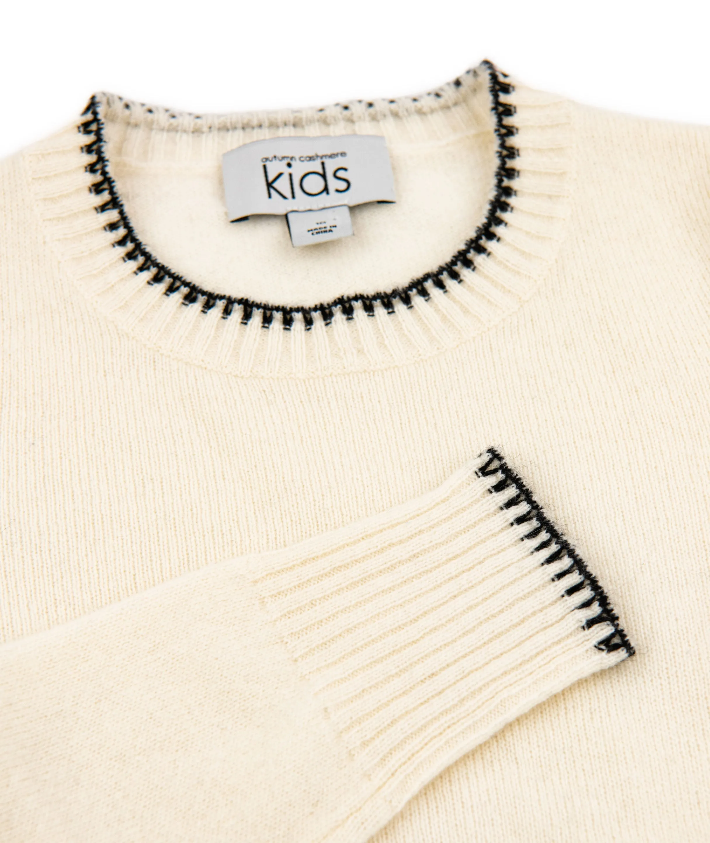 Autumn Cashmere Girls Ivory/Black Trim Crew Sweater