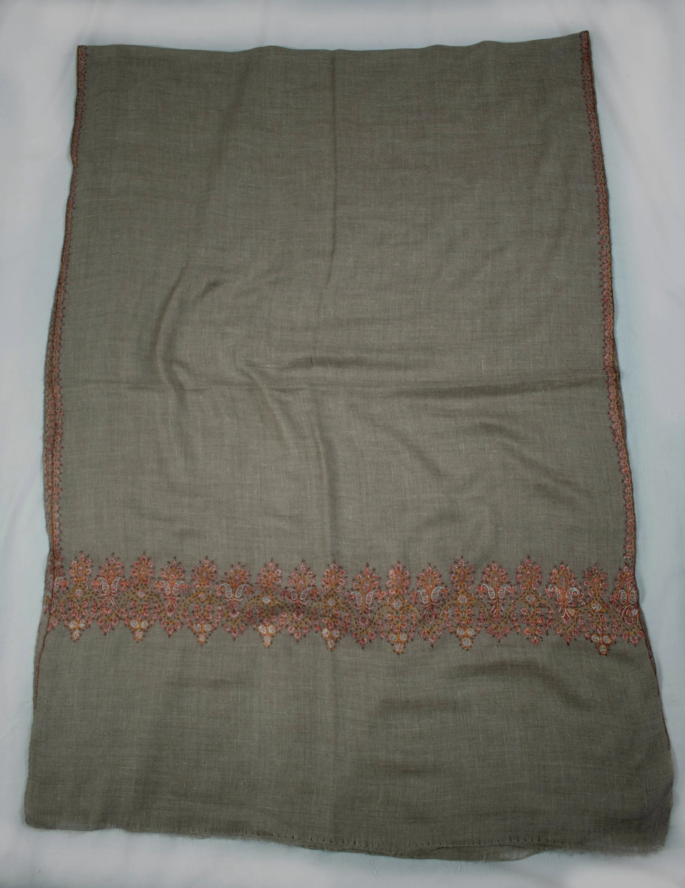 Beige Border Sozni Pure Pashmina/Cashmere Scarf Wrap Jali, Handwoven on Hand loom & Hand Embroided in Kashmir, Masterpiece, King of Wool