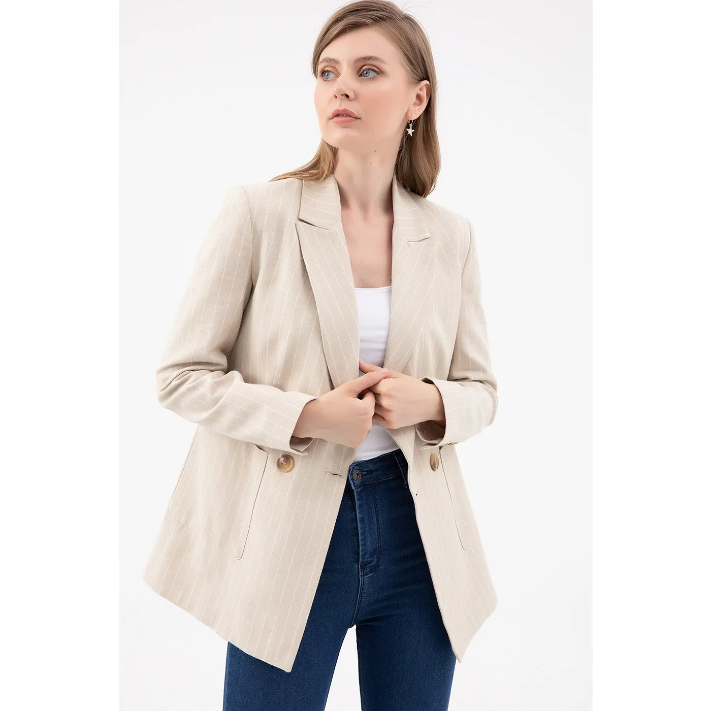 Beige Striped Blazer Jacket