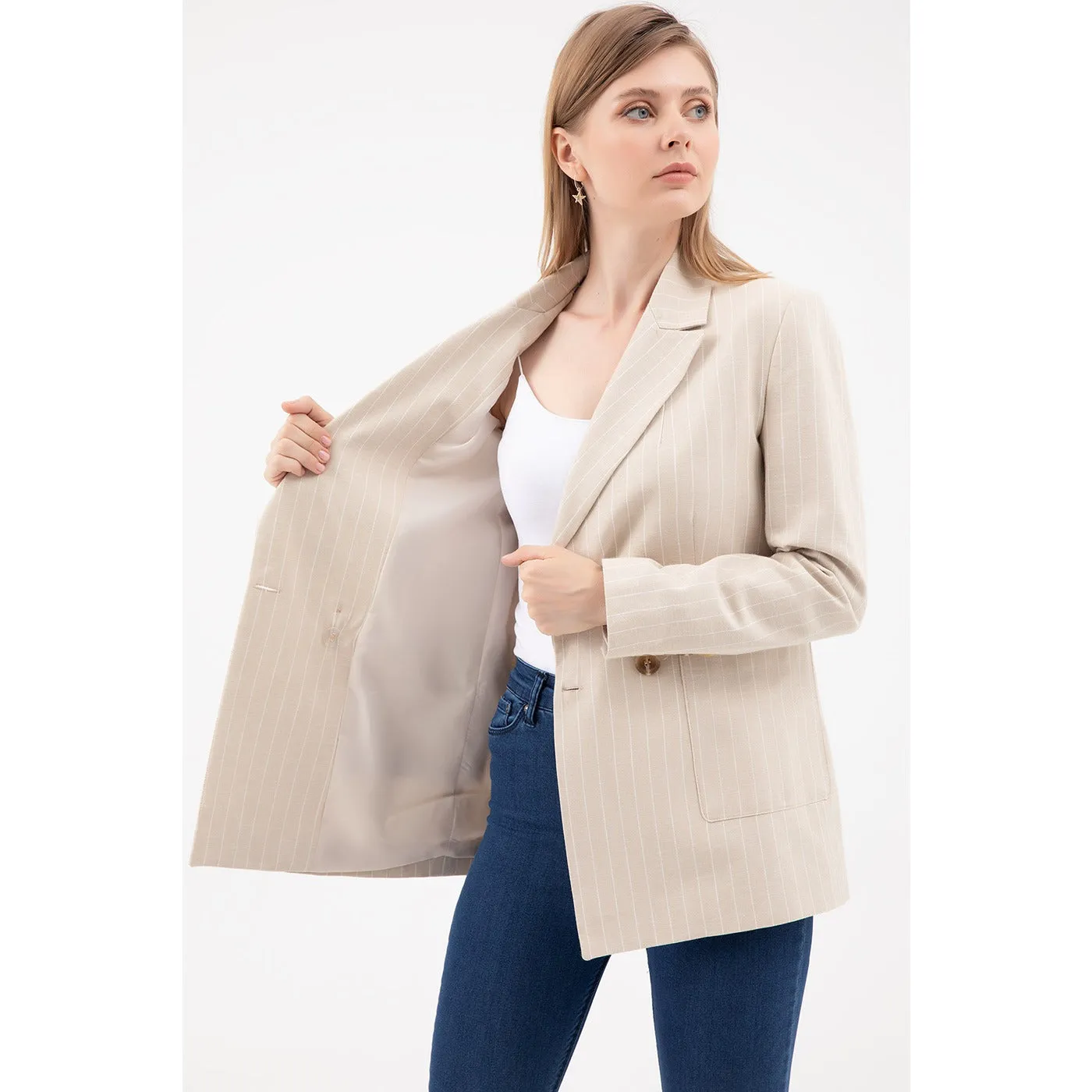 Beige Striped Blazer Jacket