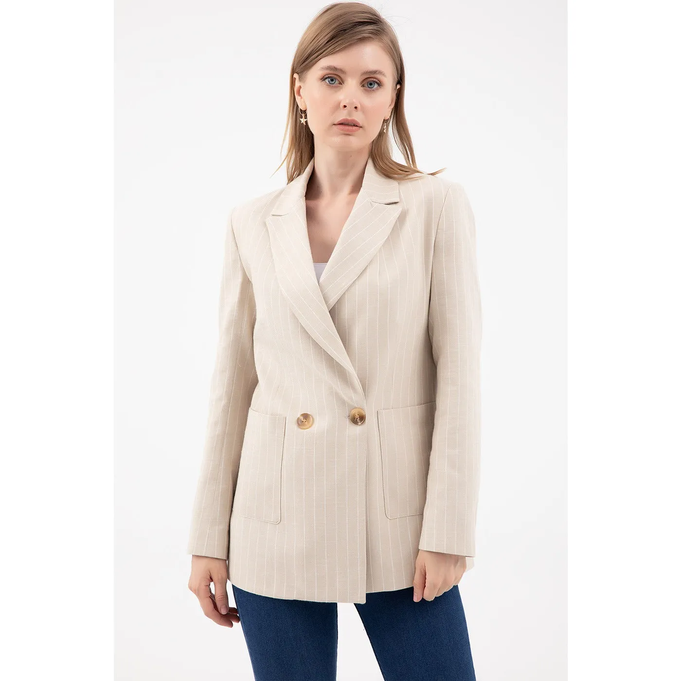 Beige Striped Blazer Jacket