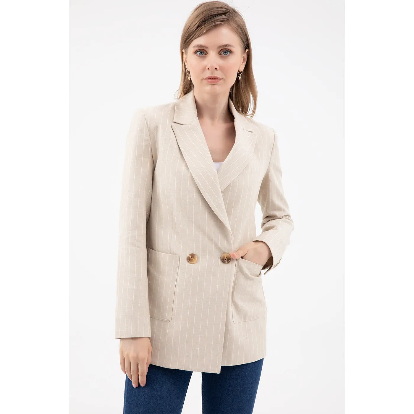 Beige Striped Blazer Jacket