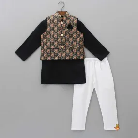 Black Kurta With Floral Printed Jacket And Pyjama