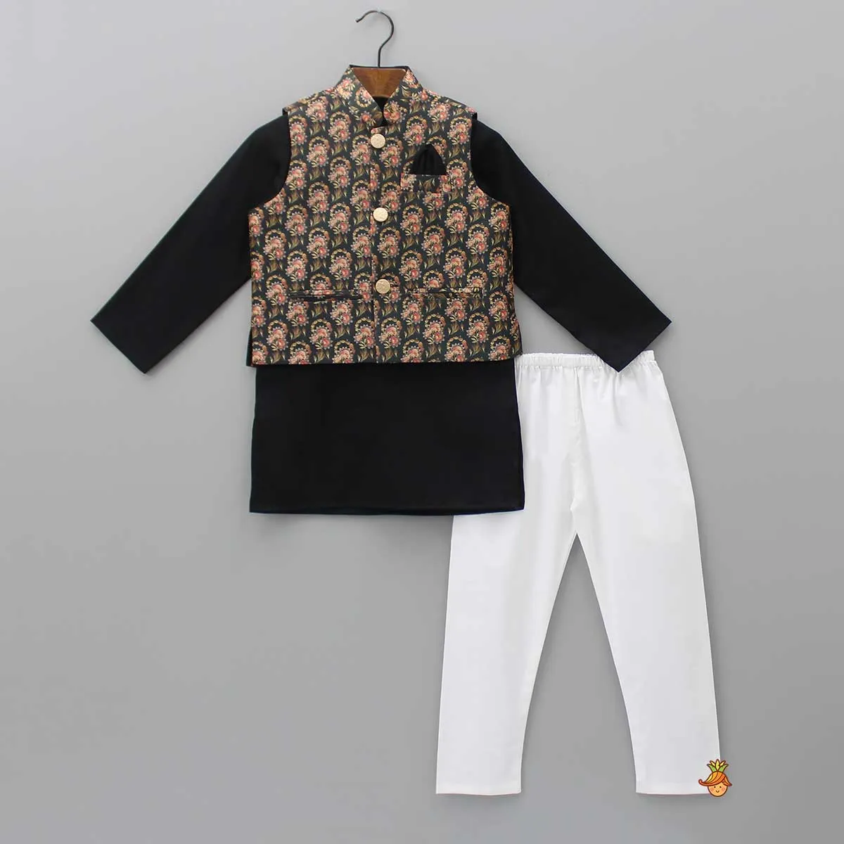 Black Kurta With Floral Printed Jacket And Pyjama