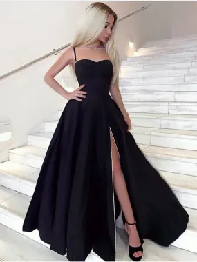 Black Sweetheart Neck Long Prom with High Split, Black Formal, Evening