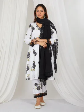 Black White Hand Block Printed Cotton Suit - Set of 3