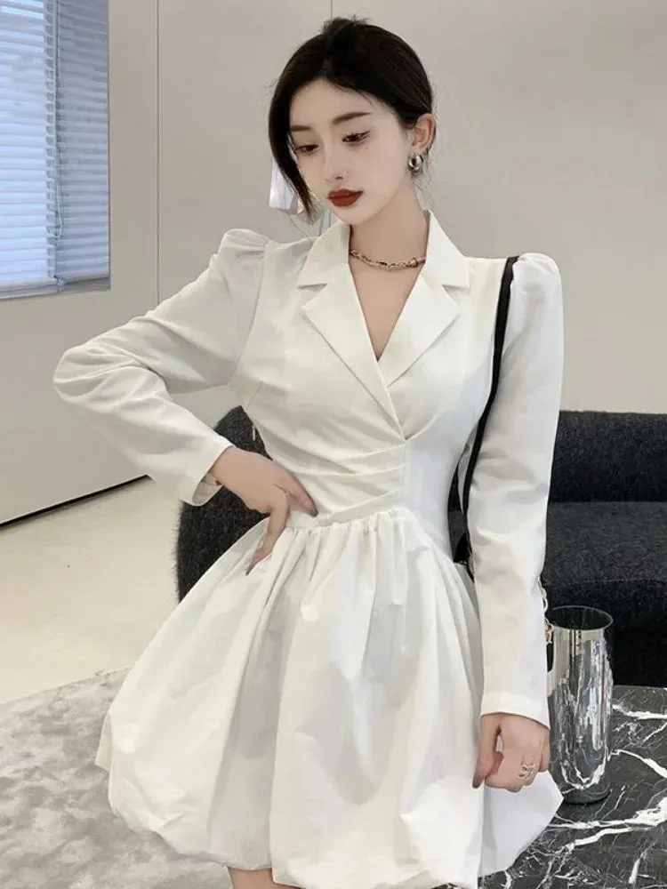 Blazer White Long Sleeve Mini Dress Women Office Ladies Notched Design Wrap Short Dresses Elegant Korean Fashion Kpop