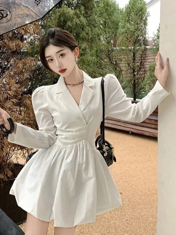 Blazer White Long Sleeve Mini Dress Women Office Ladies Notched Design Wrap Short Dresses Elegant Korean Fashion Kpop