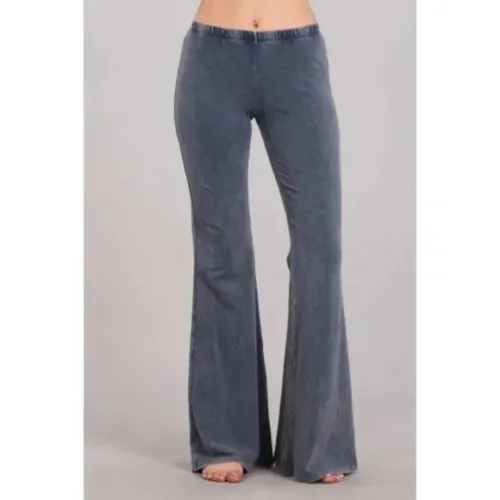 Blue Gray Boho Mineral Wash Flared Bell Bottom Stretch Pull On Pants Womens