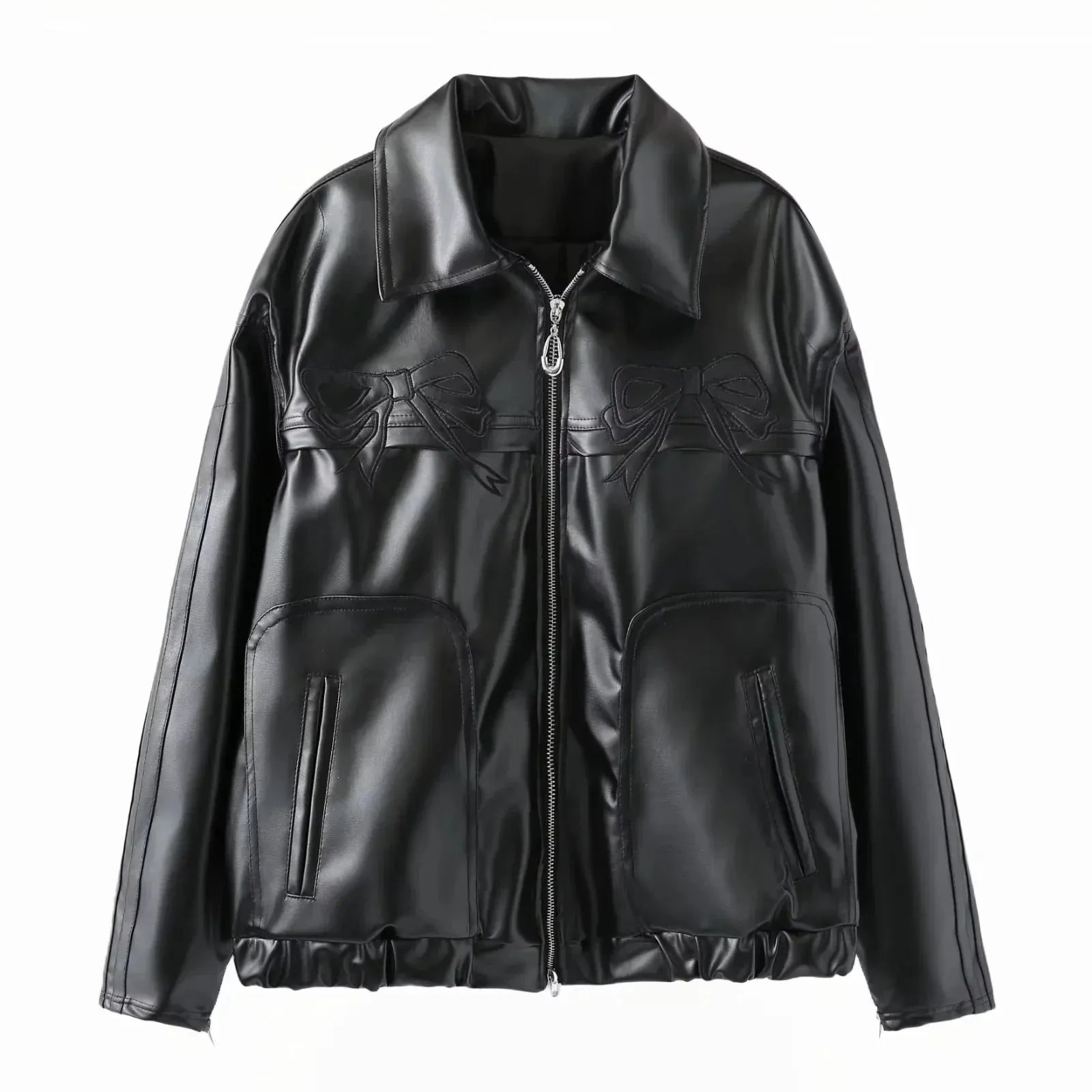 Bow-Detailed Leather Jacket for Women