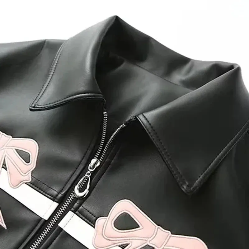 Bow-Detailed Leather Jacket for Women