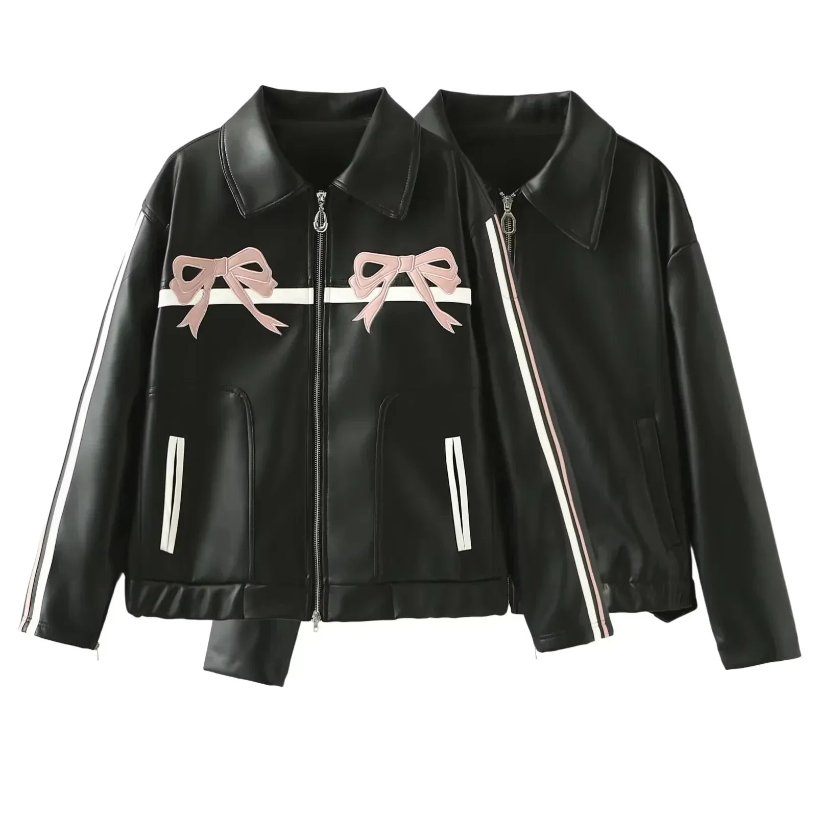 Bow-Detailed Leather Jacket for Women