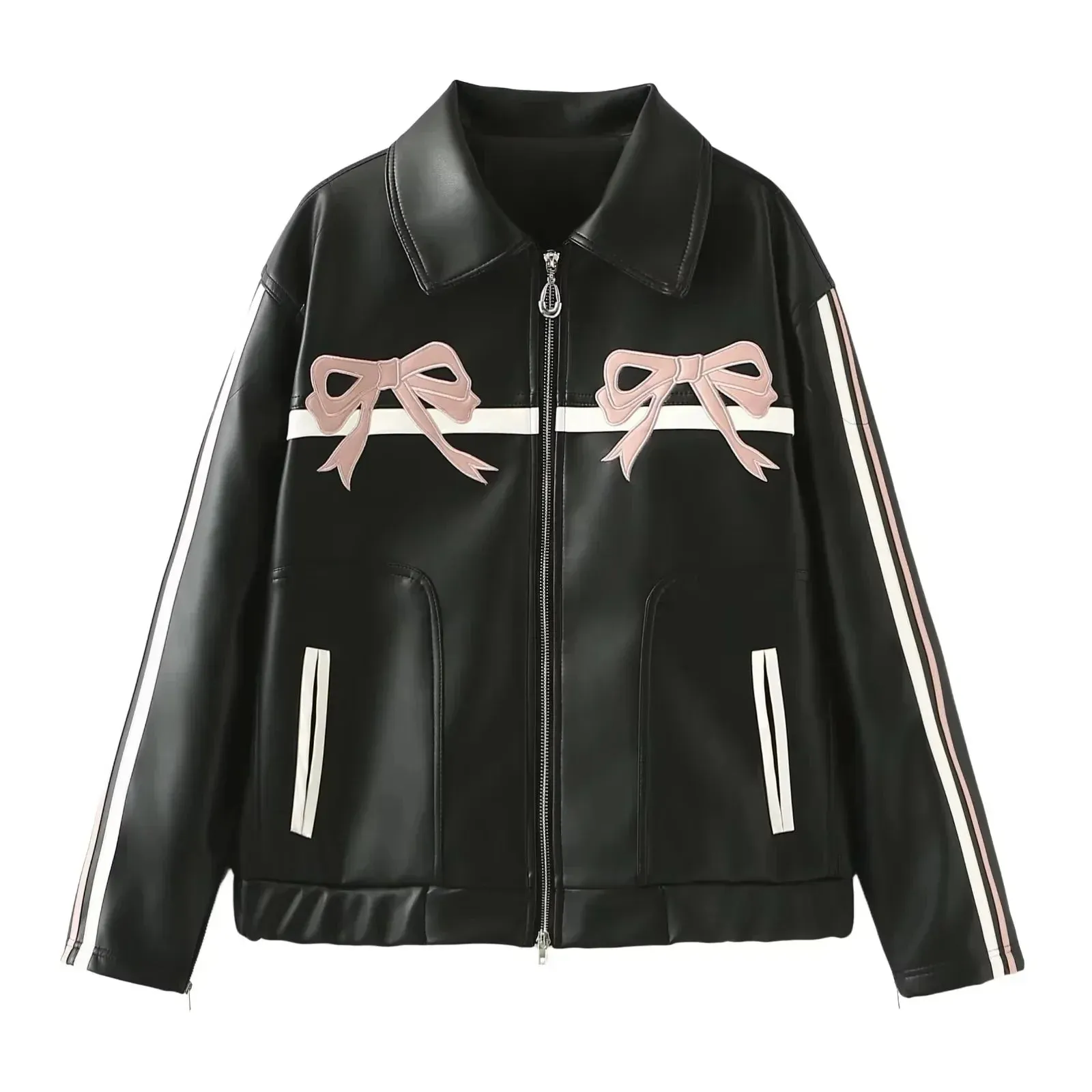 Bow-Detailed Leather Jacket for Women