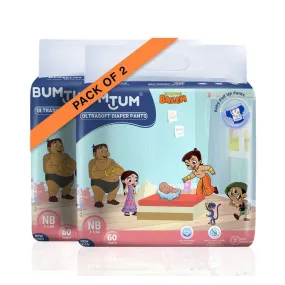 Bumtum Chota Bheem New Born Size Baby Diaper Pants, 120 Count, Leakage Protection Infused With Aloe Vera, Cottony Soft High Absorb Technology