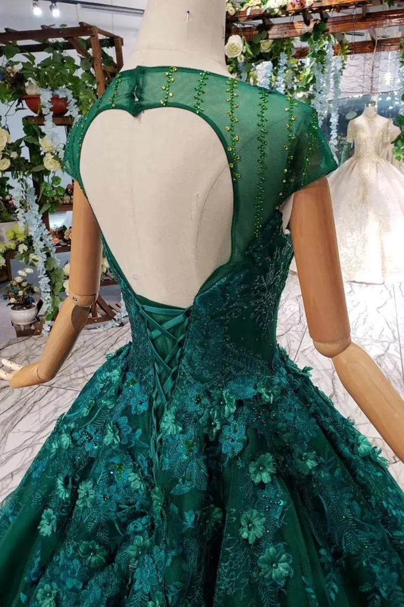 Cap Sleeves Round Neck Open Back Green Lace Prom Dress, Cap Sleeves Green Lace Formal Dress, Green Lace Evening Dress