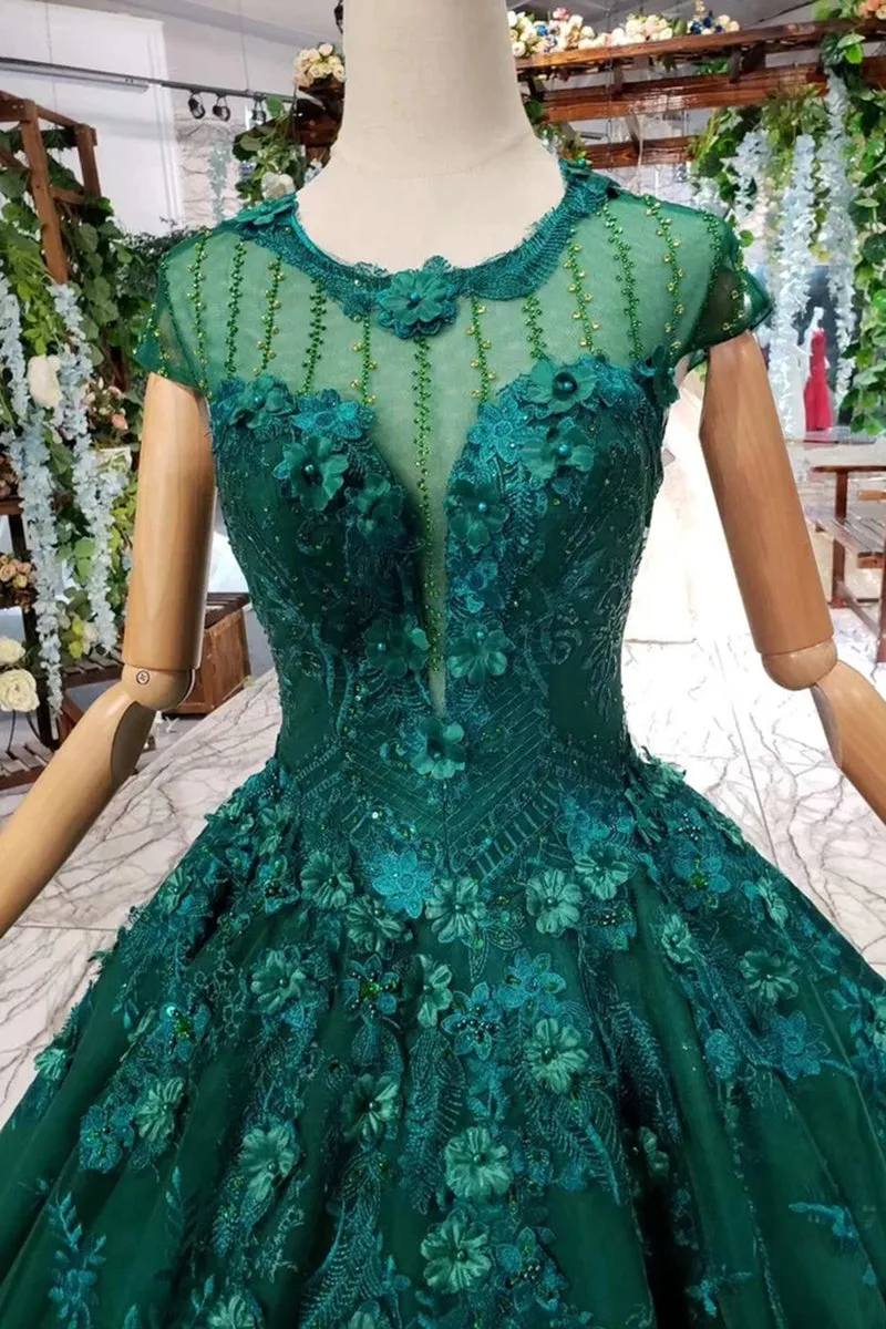 Cap Sleeves Round Neck Open Back Green Lace Prom Dress, Cap Sleeves Green Lace Formal Dress, Green Lace Evening Dress