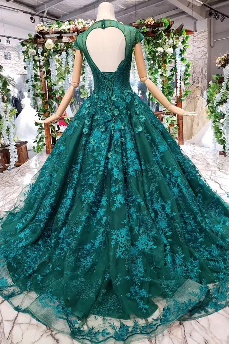 Cap Sleeves Round Neck Open Back Green Lace Prom Dress, Cap Sleeves Green Lace Formal Dress, Green Lace Evening Dress