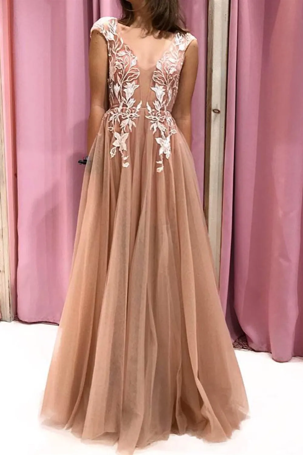 Cap Sleeves V Neck Open Back Champagne Lace Long Prom Dress, Champagne Lace Formal Evening Dress