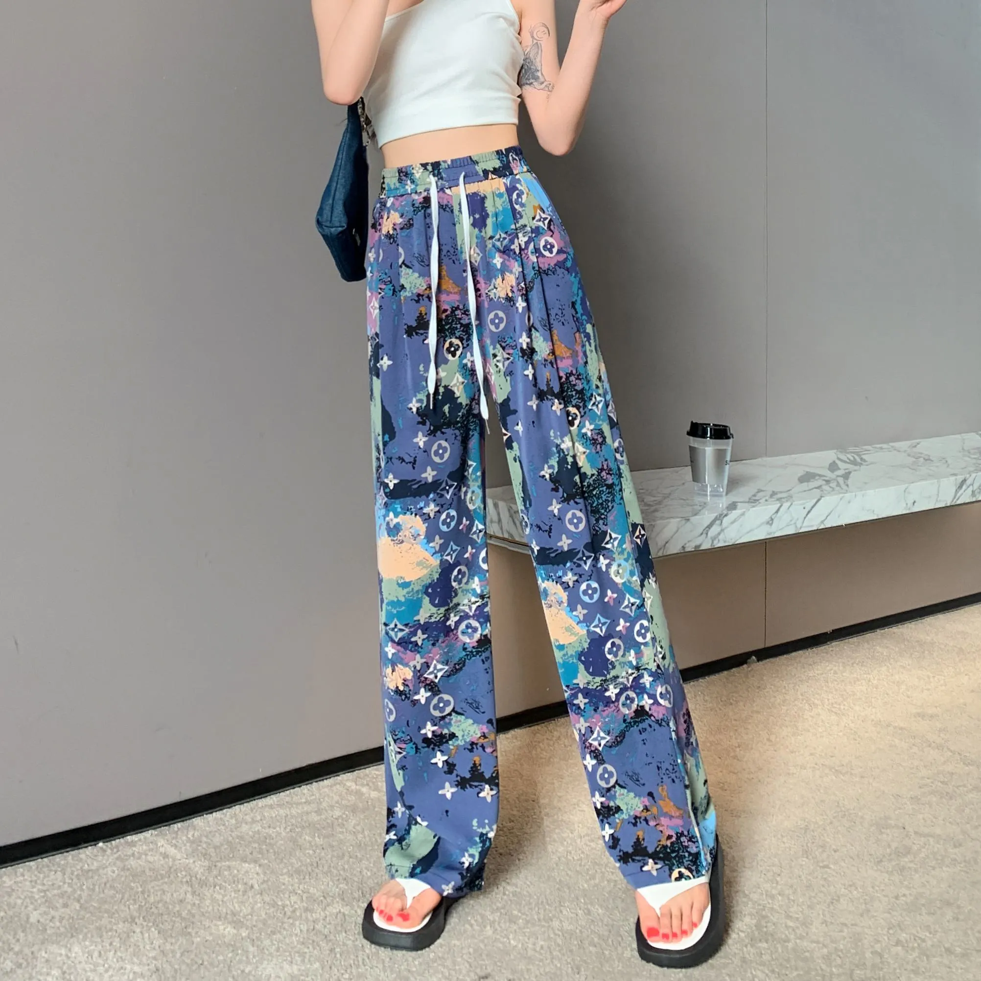 Casual Straight Draping Chiffon Floor-Length Print Thin Silky Sun Protection Pants