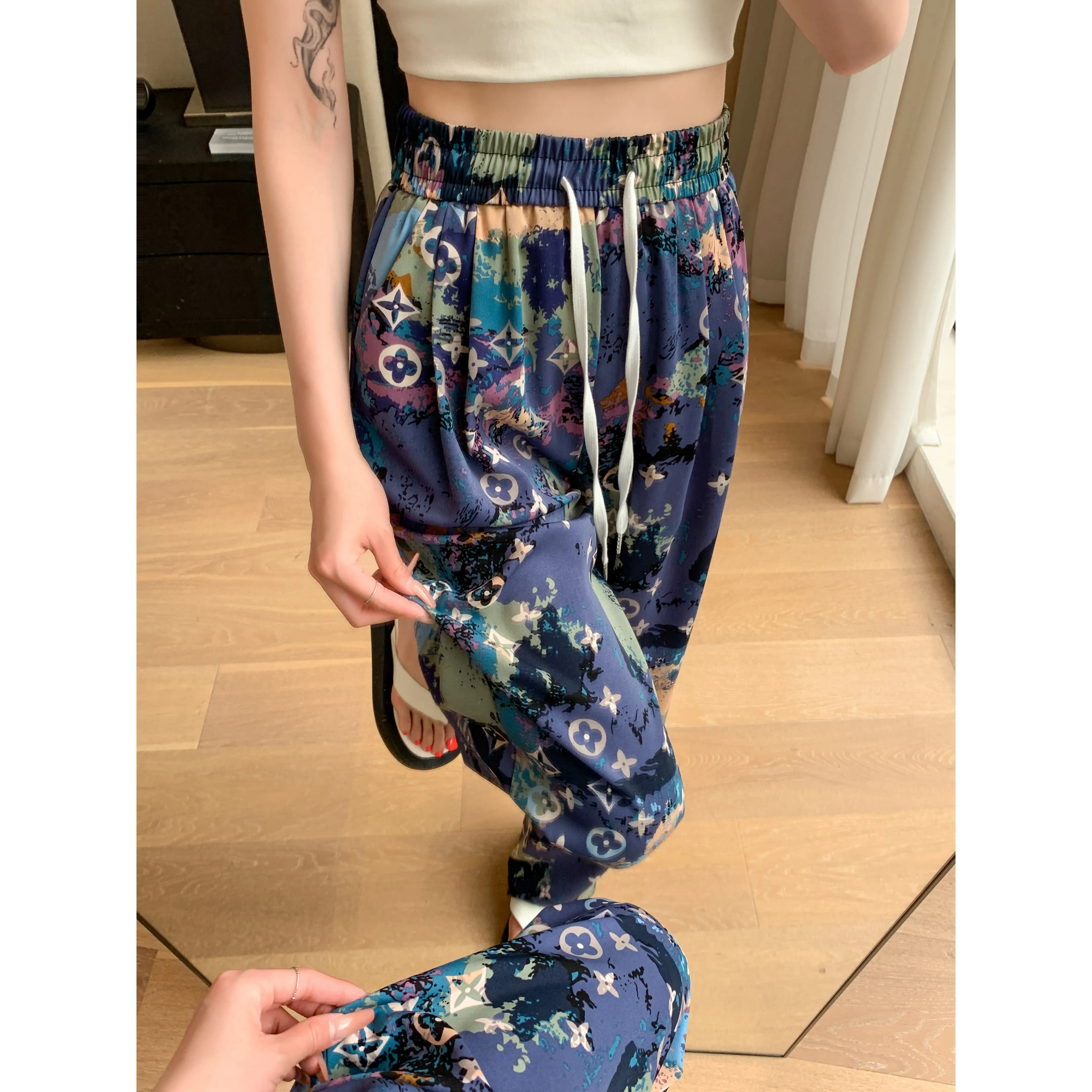 Casual Straight Draping Chiffon Floor-Length Print Thin Silky Sun Protection Pants