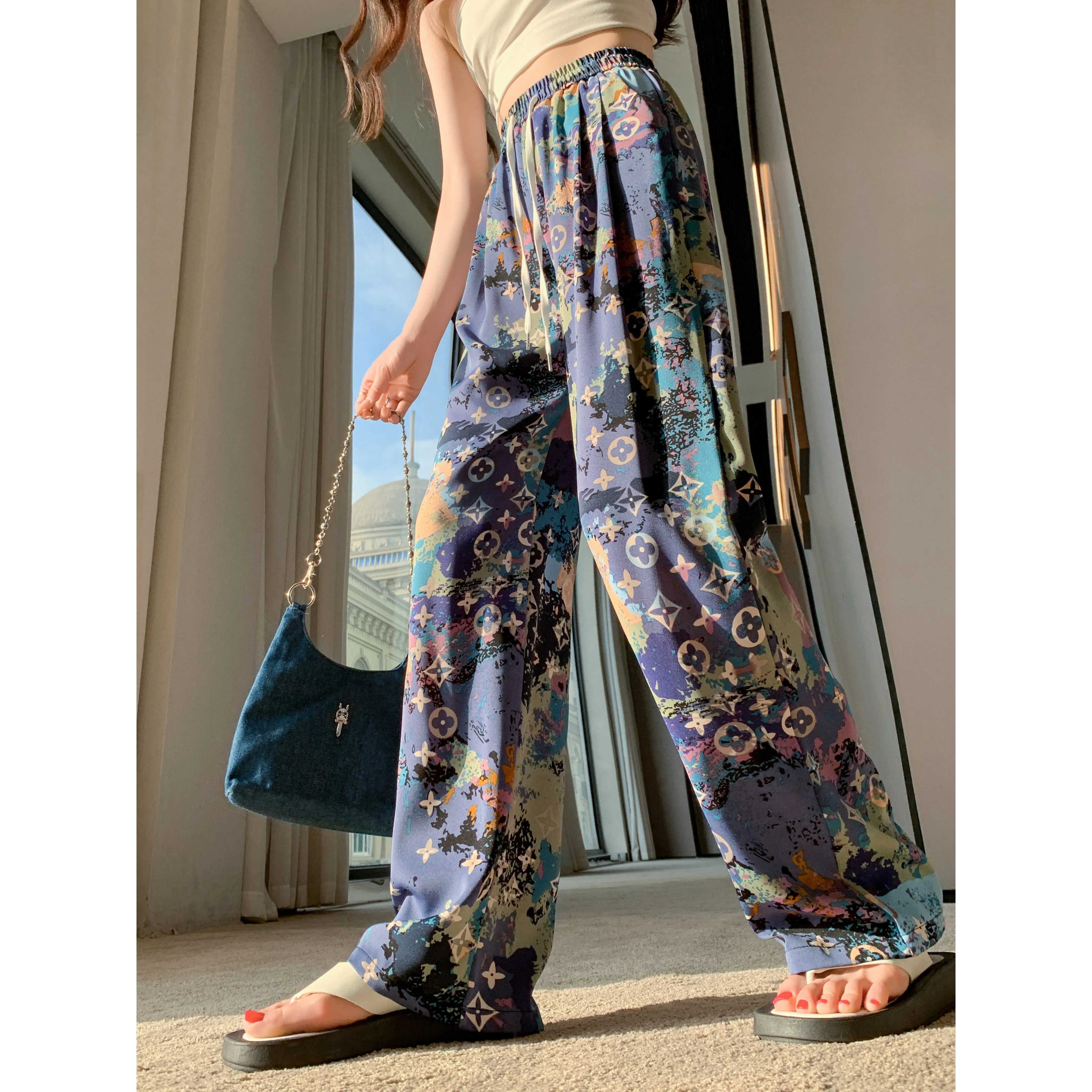 Casual Straight Draping Chiffon Floor-Length Print Thin Silky Sun Protection Pants