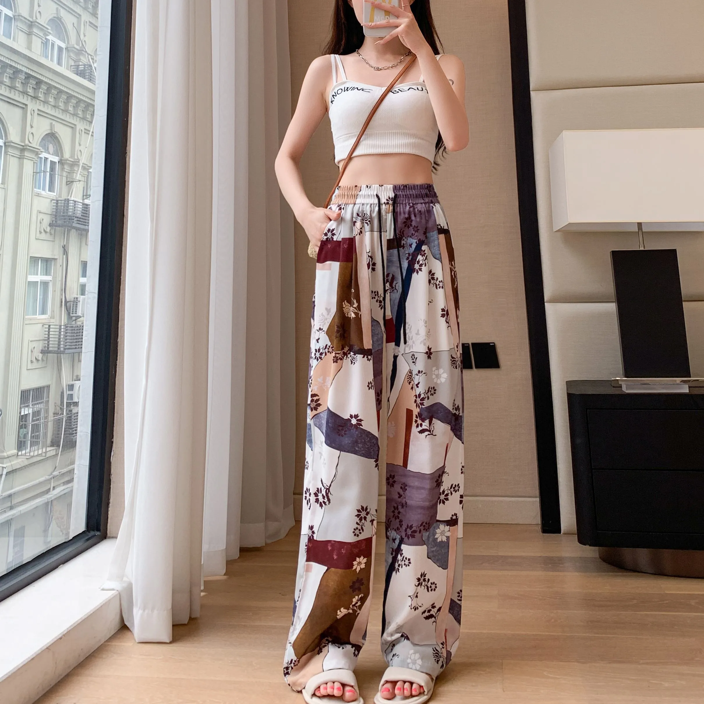 Casual Straight Draping Chiffon Floor-Length Print Thin Silky Sun Protection Pants