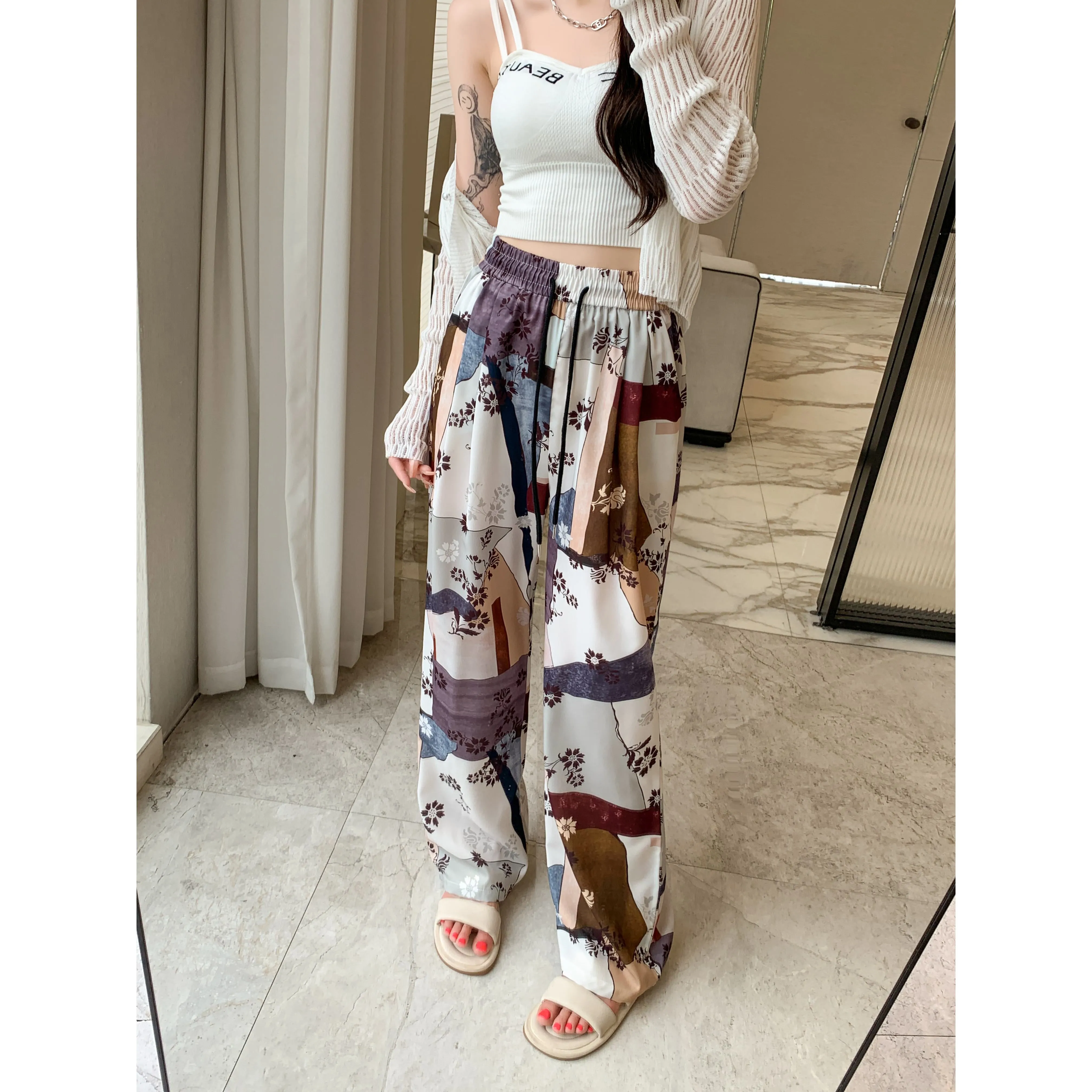 Casual Straight Draping Chiffon Floor-Length Print Thin Silky Sun Protection Pants